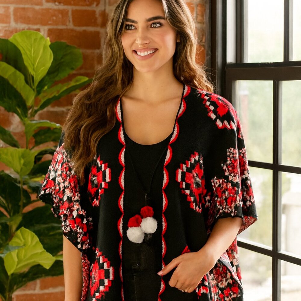 Relativity Women S/M Ponch Wrap Open Front Slit‎ Side Tassel Ball Tie Aztec NWT